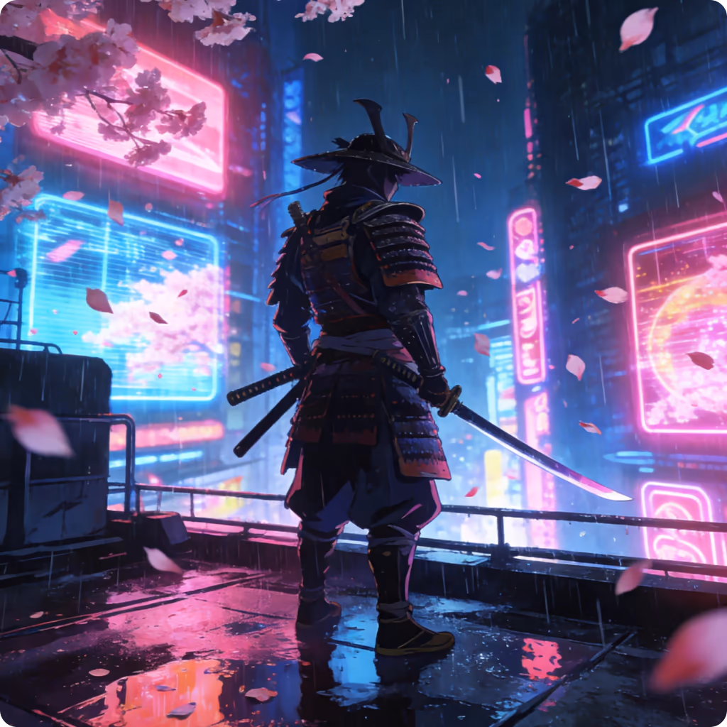 Cyberpunkowy samuraj stojący w neonowej uliczce, odbicia deszczu na ziemi, styl anime