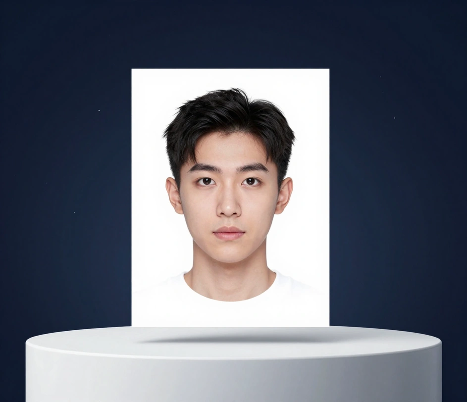 A pristine finished 2x2 inch visa photo floating on a white pedestal with a subtle navy ambient edge glow, presenting the final print-ready deliverable