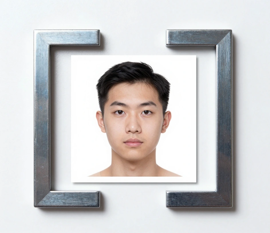 A square 2x2 inch visa photo framed by two smooth brushed-steel corner brackets on a white surface, emphasizing exact 51 by 51 millimeter dimensions with equal sides and razor-sharp corners