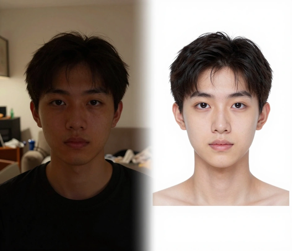 A split view of a shadowed indoor selfie transforming into the same person's 2x2 visa photo with a uniform pure white background and shadow-free even lighting
