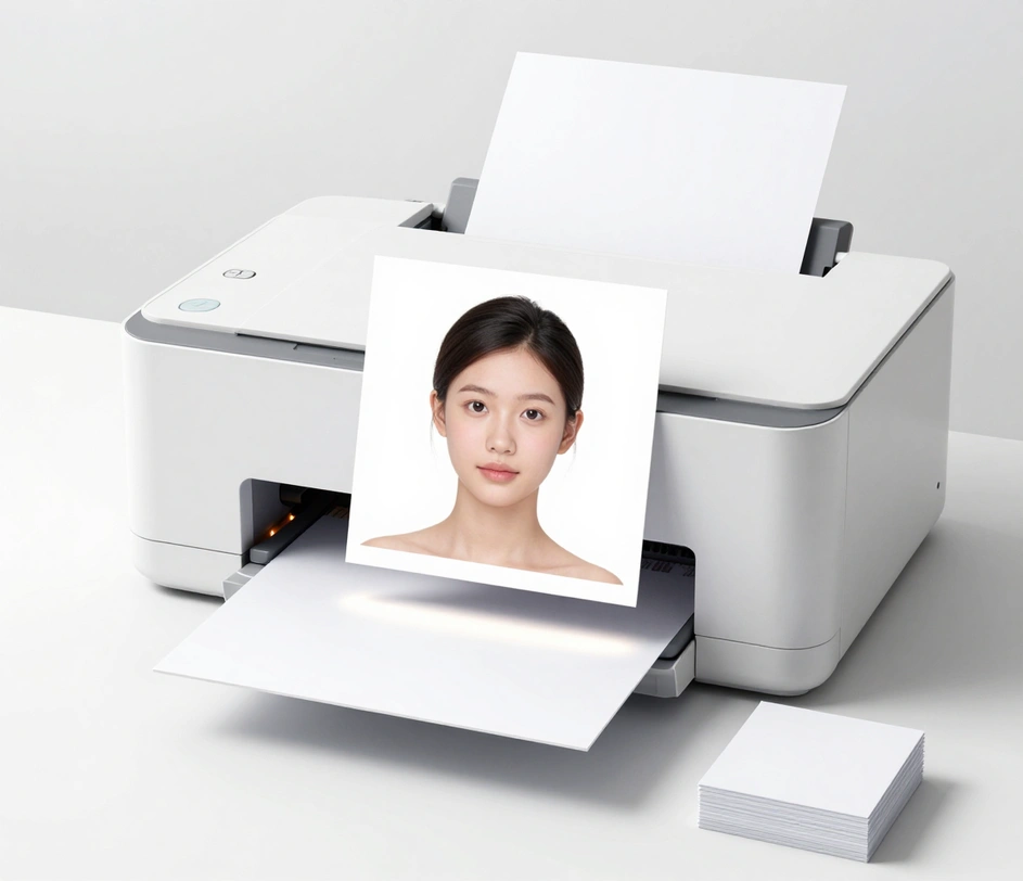 A finished square 2x2 visa photo floating as a weightless digital file above a minimalist photo printer, beside a stack of freshly printed copies ready for kiosk printing