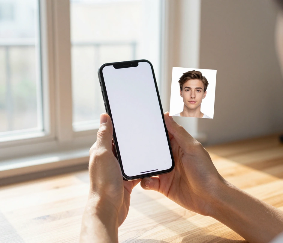 Realistic hands holding a smartphone capturing a selfie near a sunlit window while a finished square 2x2 visa photo appears beside the phone, with no app interface required