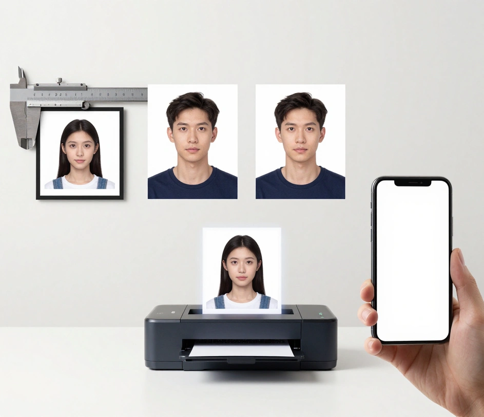 A studio showcase of 2x2 photo toolchain elements: steel calipers framing a square ID photo, a before-and-after portrait pair, a compact photo printer, and a smartphone with a blank screen