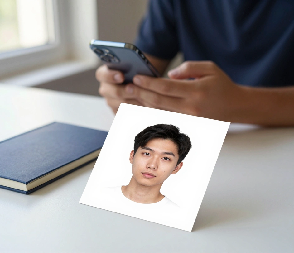 A person taking a self-portrait with a smartphone at a bright home workspace while a printed square 2x2 inch visa photo on glossy paper lies in the foreground, showing a centered head, pure white background, and even lighting