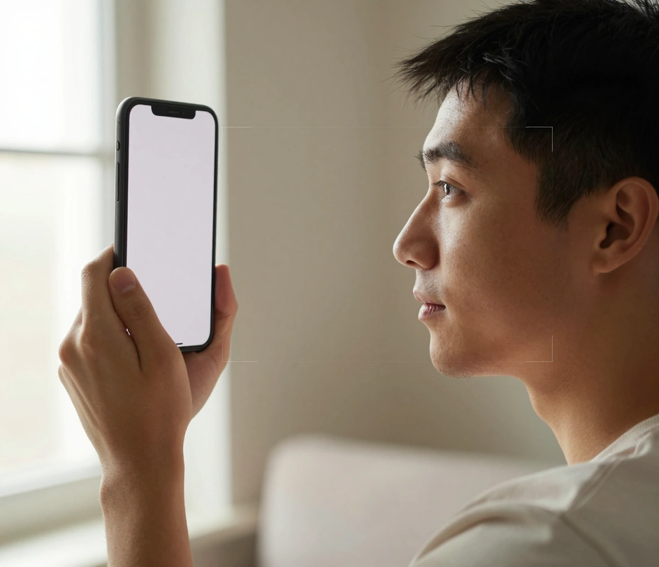 A person taking a clear arm's-length selfie near a bright home window with relaxed neutral expression, a soft square outline hinting at the coming 2x2 crop