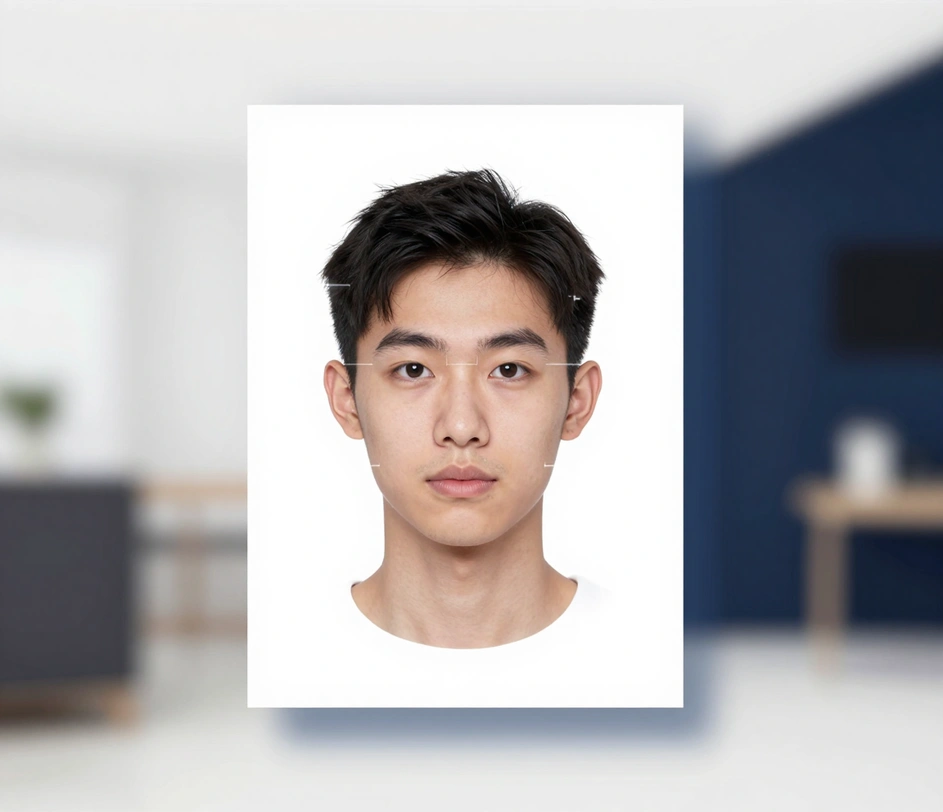 A front-facing portrait floating mid-processing as the cluttered background dissolves into pure white and wordless alignment brackets center the head inside the 2x2 frame