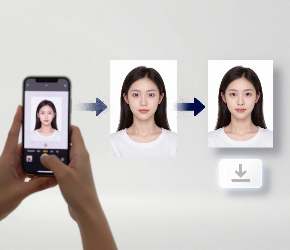 A three-step visual flow from smartphone selfie to AI background normalization to the finished square 2x2 photo, connected by a stream of white and navy light