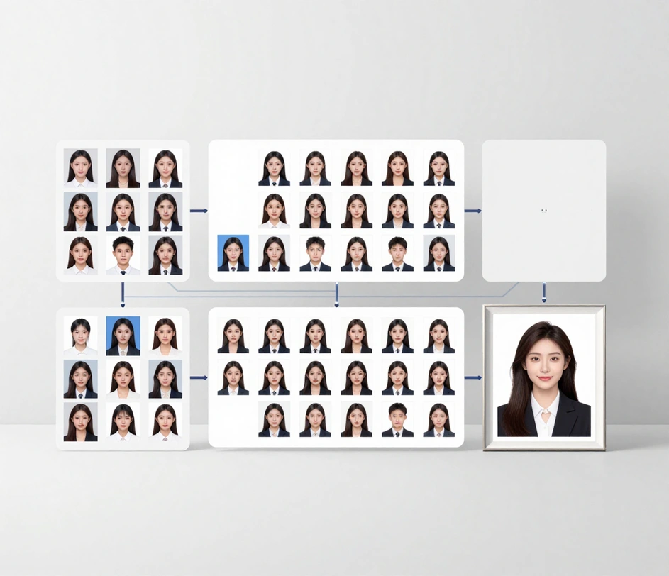 A minimalist gallery of related AI photo tool modules for passport portraits, regulation ID photos, and professional headshots connected by subtle navy light lines