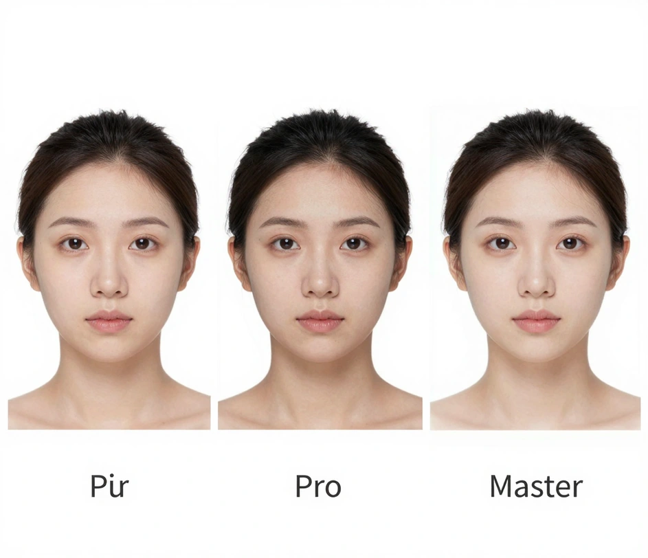 A comparison set of three 2x2 inch ID photos generated at different quality tiers, each with a white background and precise head-size framing