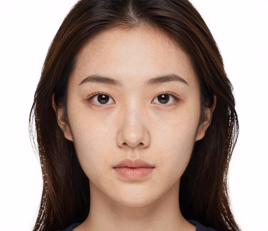 A master-tier 2x2 visa photo at studio-grade fidelity showing eyelash-level micro-detail, natural unretouched skin, and an immaculate white background