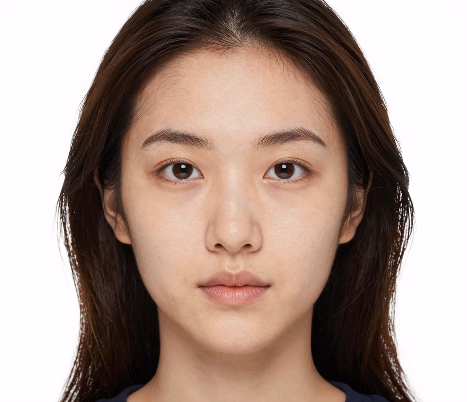 A pro-tier 2x2 visa photo with crisp hair-edge detail against a uniform white background, subtly sharper facial detail, and natural skin texture