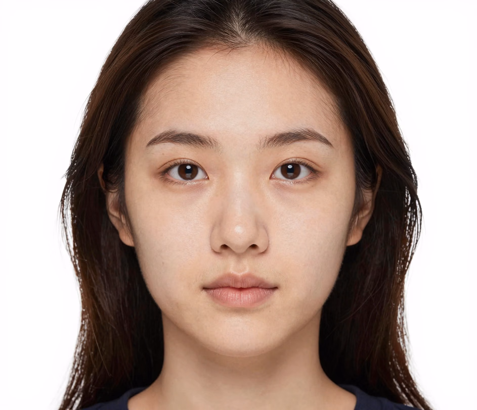 A standard-tier 2x2 visa photo with plain white background, head-and-shoulders framing, and natural unretouched skin tones without beautification