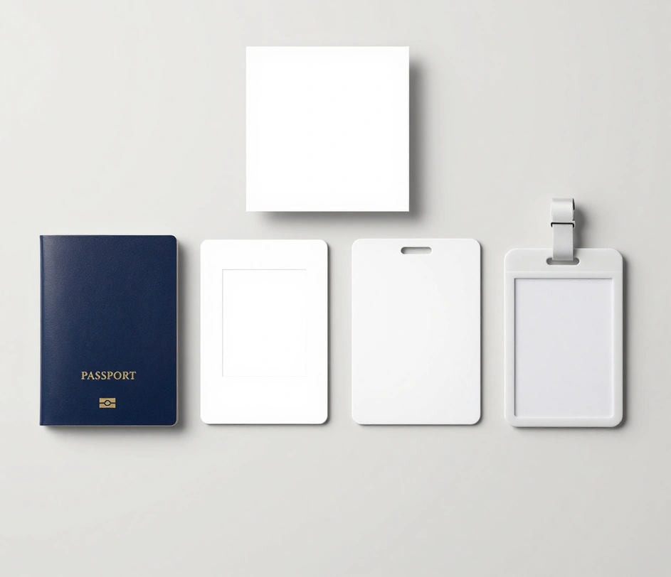 Four official documents — a plain navy passport booklet, a driver-license card, a student ID card, and an employee badge — arranged beneath one universal compliant square 2x2 inch photo