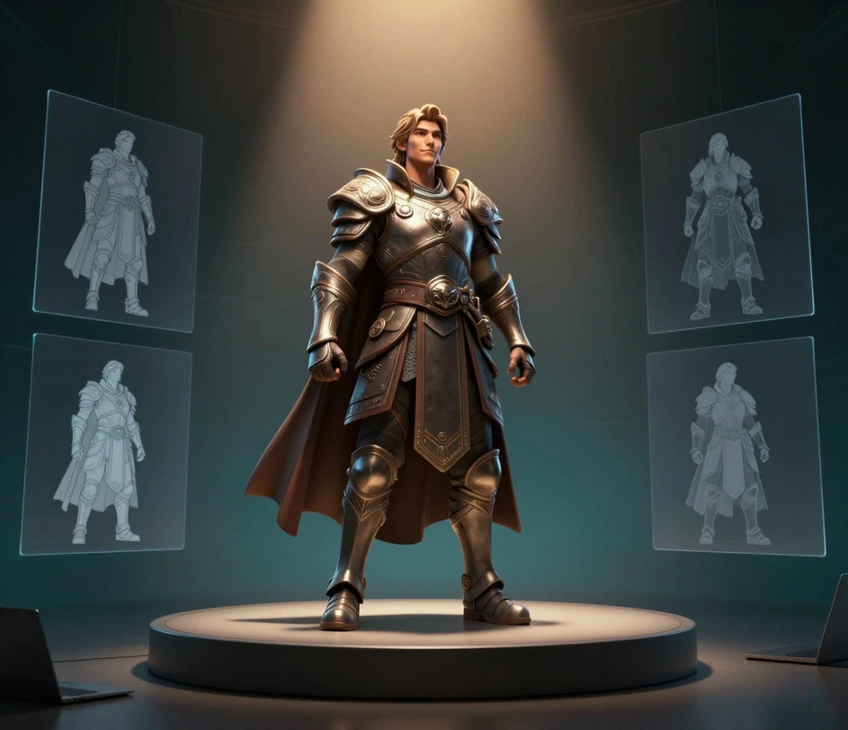 A finished 3D character model standing in a spotlight above a download panel, surrounded by floating wireframe views and texture maps
