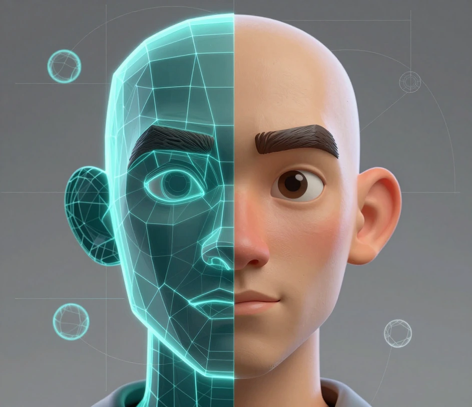 A 3D character mesh under construction with over 10,000 polygons, showing clean edge flow and precise facial geometry built automatically from a character description