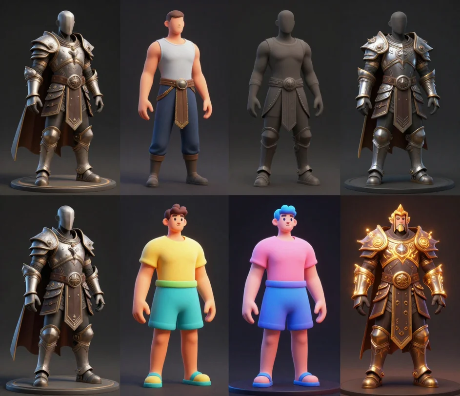 Four versions of the same 3D character rendered in realistic, stylized, cartoon, and fantasy styles side by side, each with matching proportions and distinct texture treatments