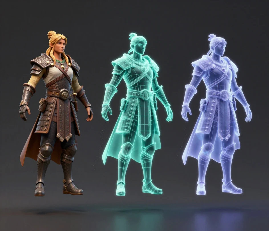 A character model export panel showing GLB, OBJ, and FBX file options with proper UV maps, ready to drop into Unity, Unreal, Blender, and Maya
