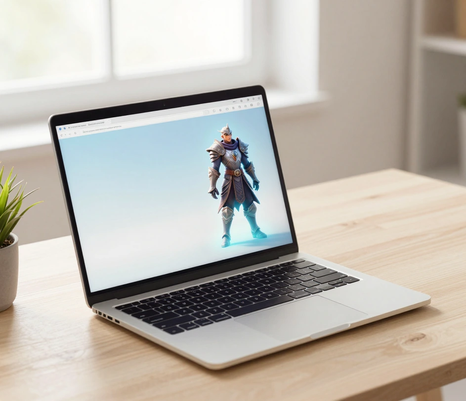 A browser window generating a 3D character directly in the cloud with zero installation, with generation progress visible on a modern laptop screen