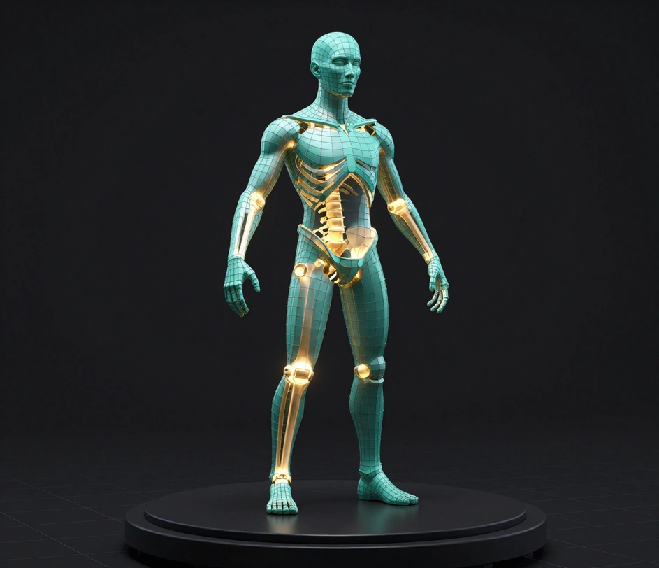 A wireframe view of a 3D character showing uniform edge flow and polygon density under 50,000 triangles, suitable for skeletal rigging and real-time rendering