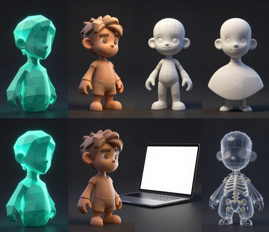 A wide showcase of the 3D character generation pipeline — concept input on the left, wireframe topology in the center, and a finished textured character model on the right, unified by cool studio lighting