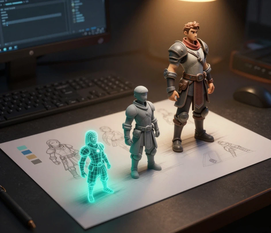 A fully textured 3D character model generated from a single reference image, displayed in a 3D viewer with clean topology and PBR materials ready for game engines