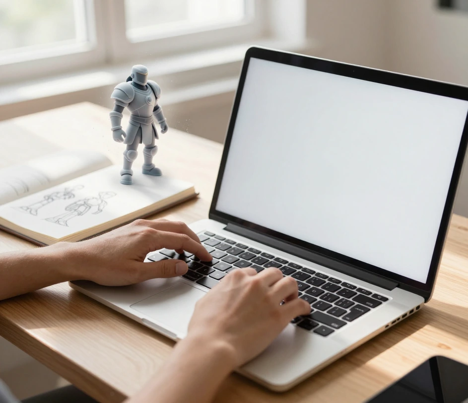 Hands typing a character description into a text field with example traits like appearance, clothing, and pose visible on screen