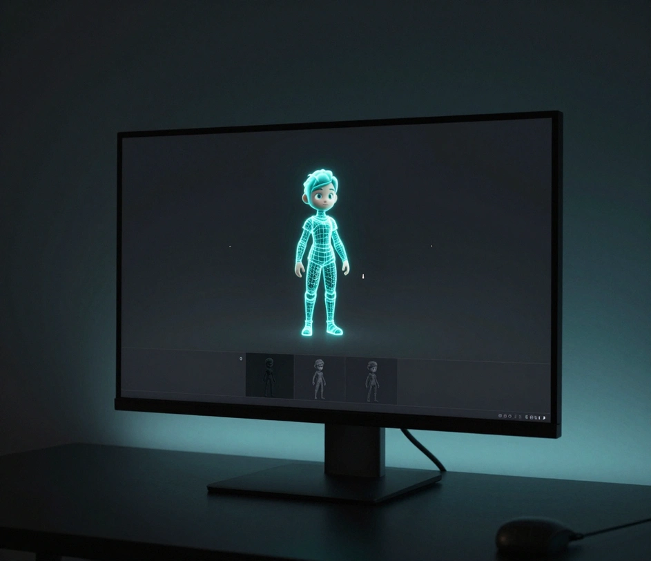 A style selection panel showing realistic, stylized, cartoon, and fantasy presets with a character mesh generating in real time