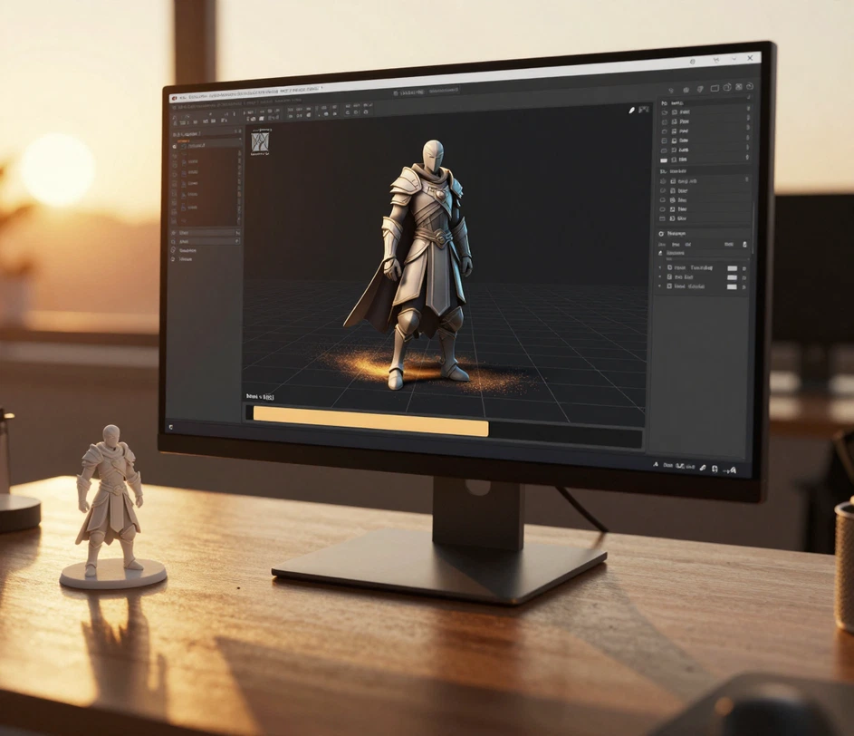A finished 3D character model downloading as a GLB file, ready to import into Unity, Unreal, Blender, or a 3D printing slicer