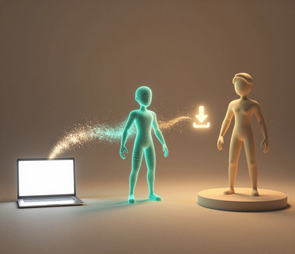 A three-step journey displayed horizontally — describing a character on the left, the 3D mesh generating in the center, and the finished model downloading on the right