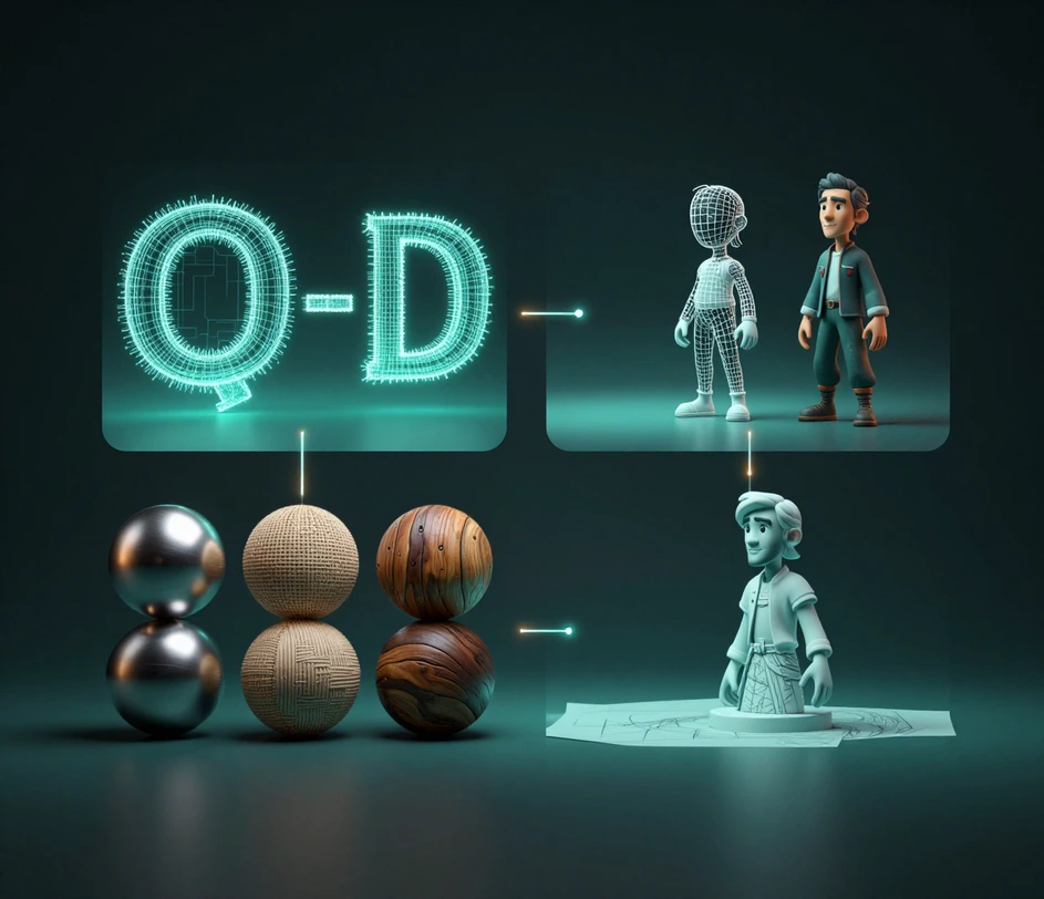 A horizontal grid of related AI 3D and character tools — text to 3D, image to 3D, texture generation, and character concept design — presented as polished product cards