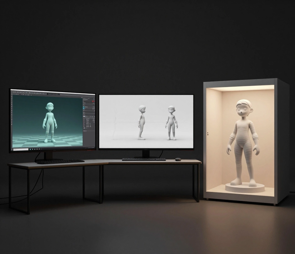 Game developers, animators, and tabletop designers using AI-generated 3D character models across a game engine viewport, an animation timeline, and a 3D printing workspace