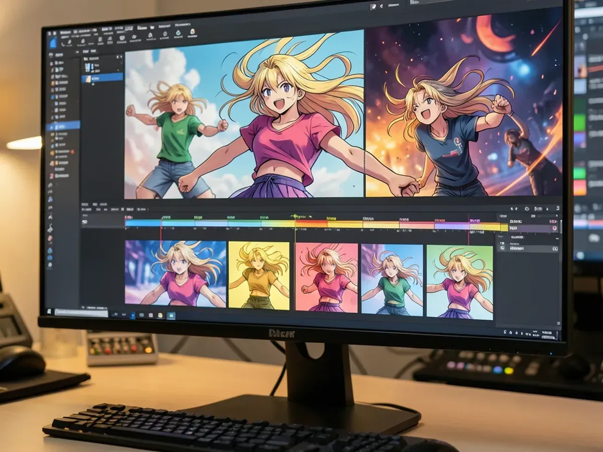Ultrawide monitor in a video editing studio displaying a horizontal timeline of anime-style animation keyframes showing a character in dynamic motion with flowing hair, clean cel-shaded frames in vibrant colors arranged in sequence
