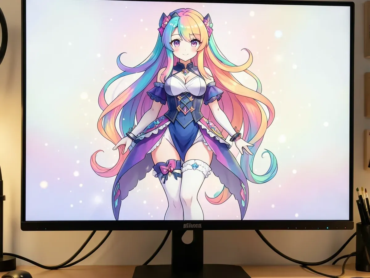 Detailed anime-style female character full-body illustration with large expressive eyes, flowing stylized hair in vibrant colors, and an elegant costume design, displayed on a monitor with soft gradient background typical of VTuber character art