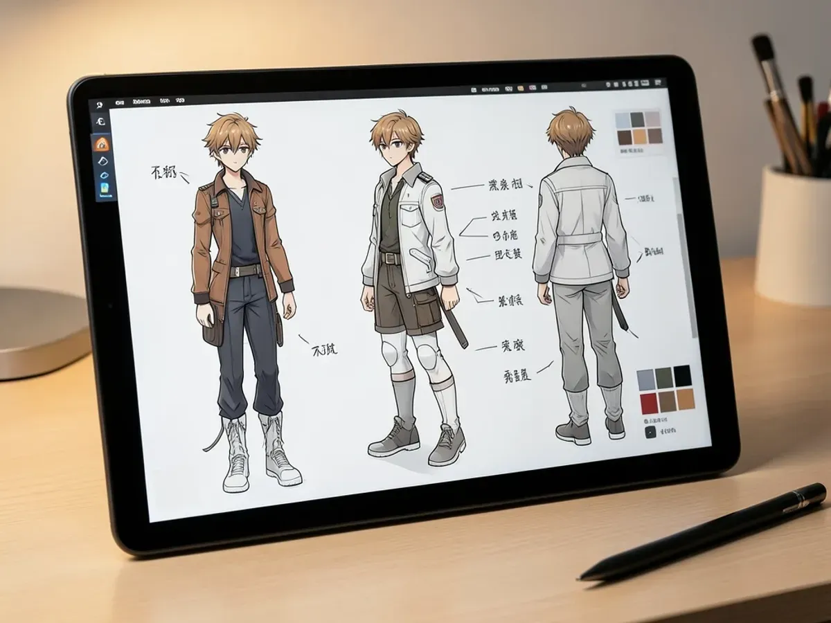 Anime character turnaround reference sheet displayed on a drawing tablet, showing front, side, and back views of an original character design with detailed costume notes and color palette swatches in professional cel-shaded concept art style