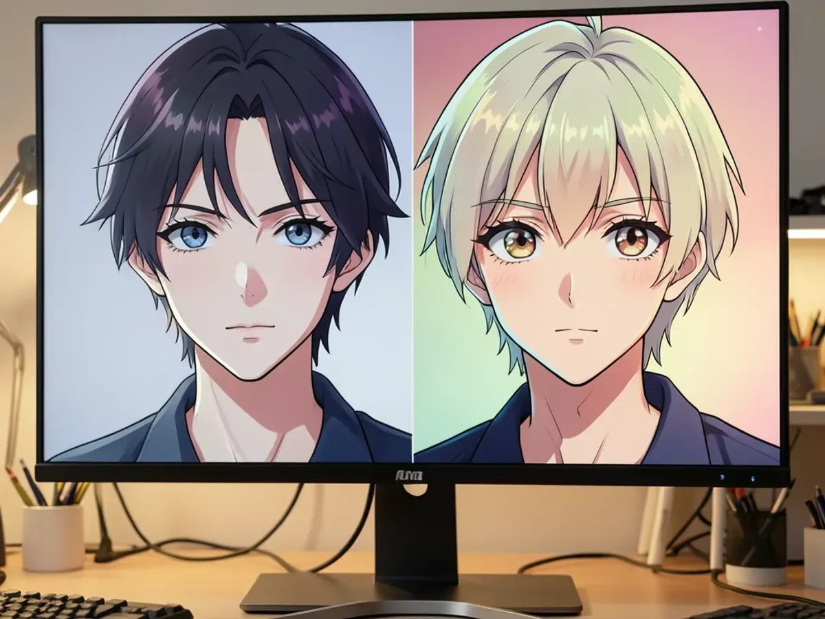 Split-screen comparison showing a photograph transformed into a vibrant anime-style portrait with clean cel-shaded lineart, expressive large eyes, and stylized hair highlights, displayed on a monitor in a creative studio environment