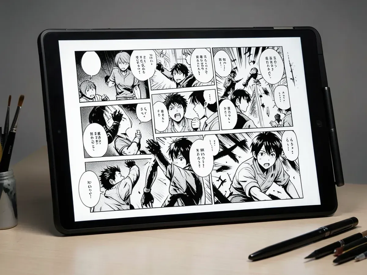 Drawing tablet displaying a finished black-and-white manga manuscript page with multiple action panels, screentone shading, and dramatic ink linework, sitting on a minimalist artist desk with ink brushes and a stylus beside it