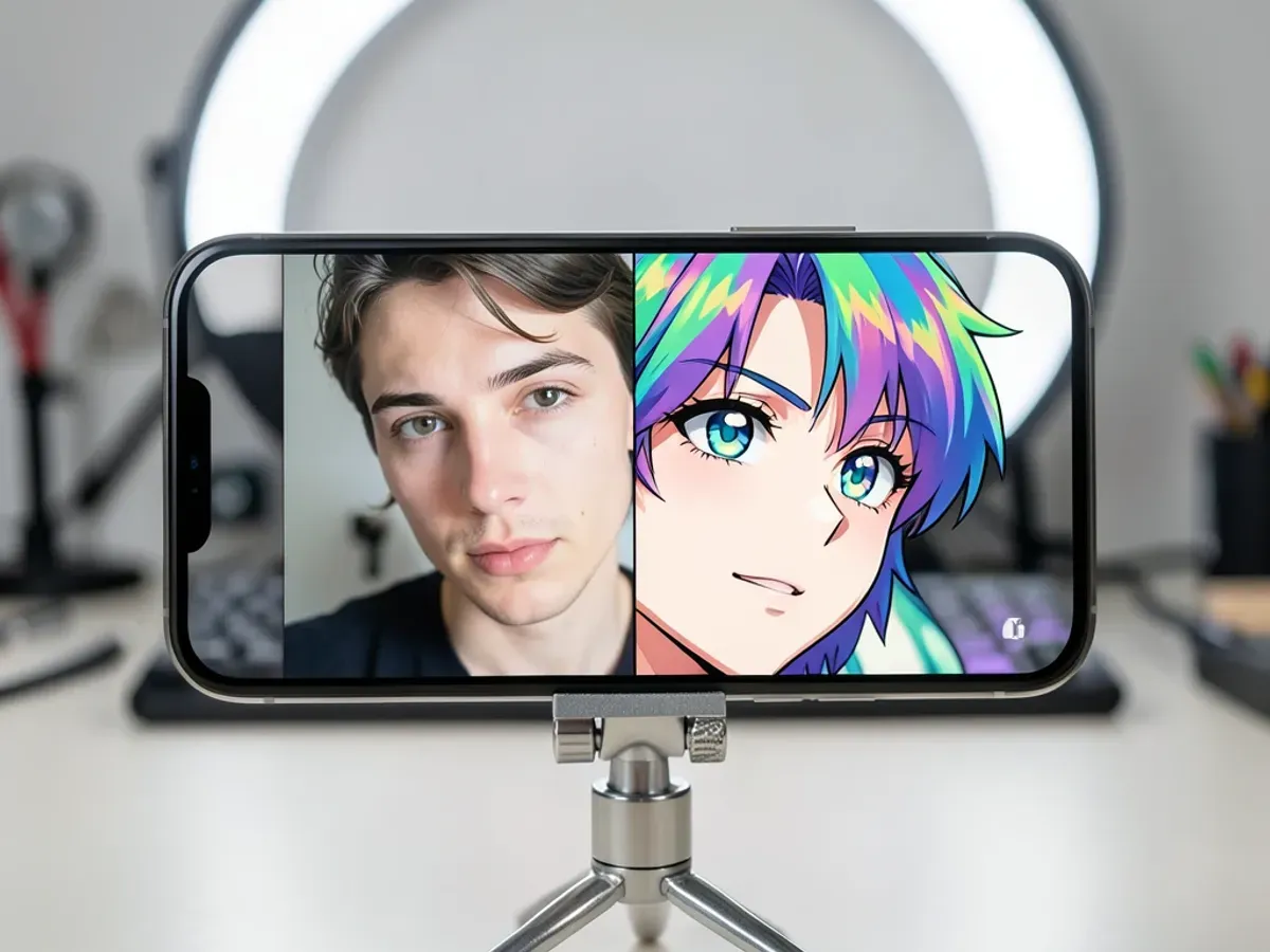 Smartphone on a small tripod showing a live conversion preview with a real portrait photograph on the left transforming into a cel-shaded anime portrait on the right with bold outlines, expressive eyes, and vivid stylized hair colors