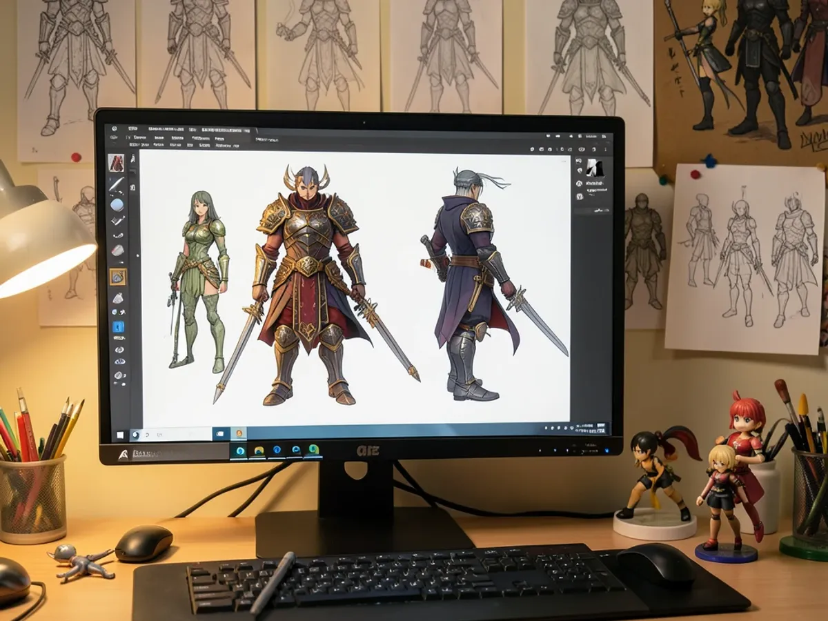 Anime karakterdesign referenceark genereret fra en tekstprompt, der viser en kriger med detaljeret rustning og våben i 2048px opløsning