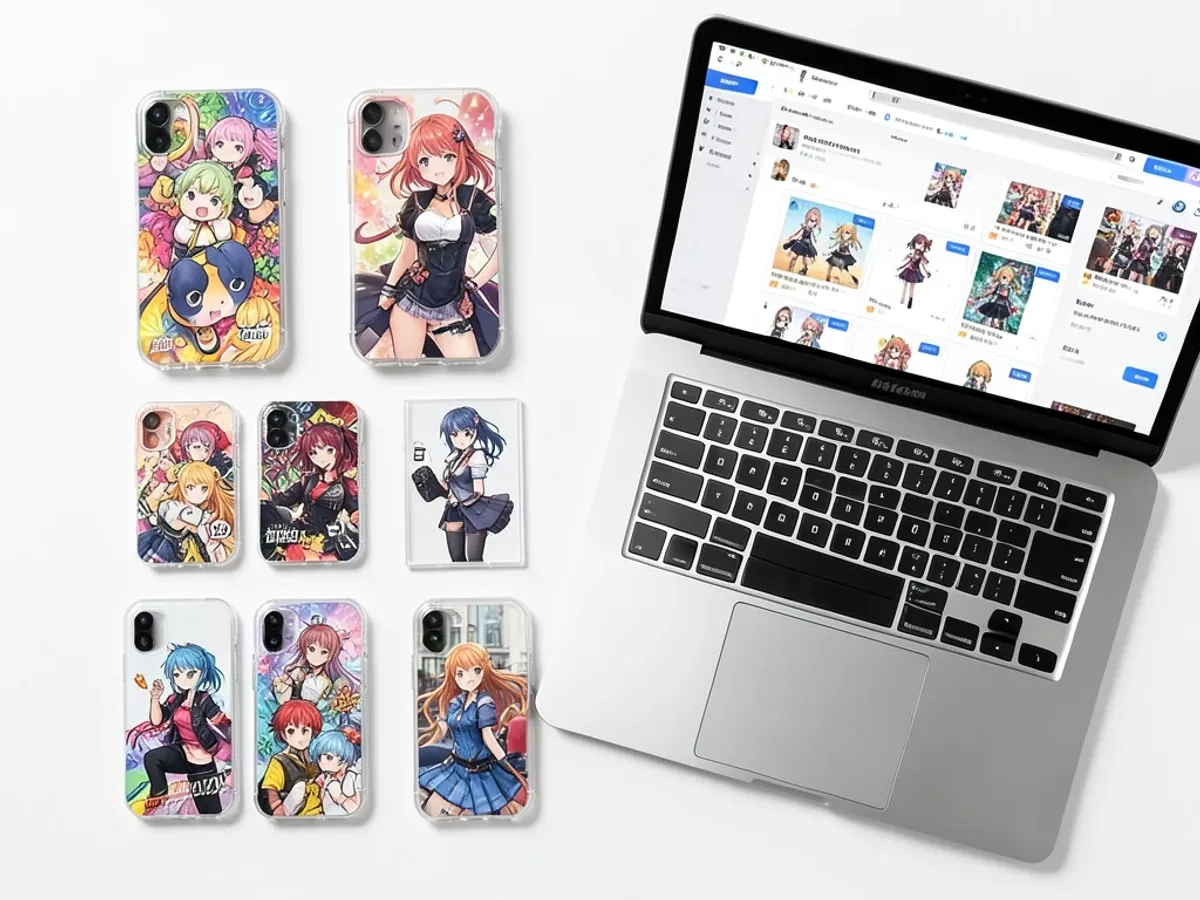 Print-on-demand merchandise med AI-genererede anime-kunstværker på telefoncovers og klistermærker i flere kunststile