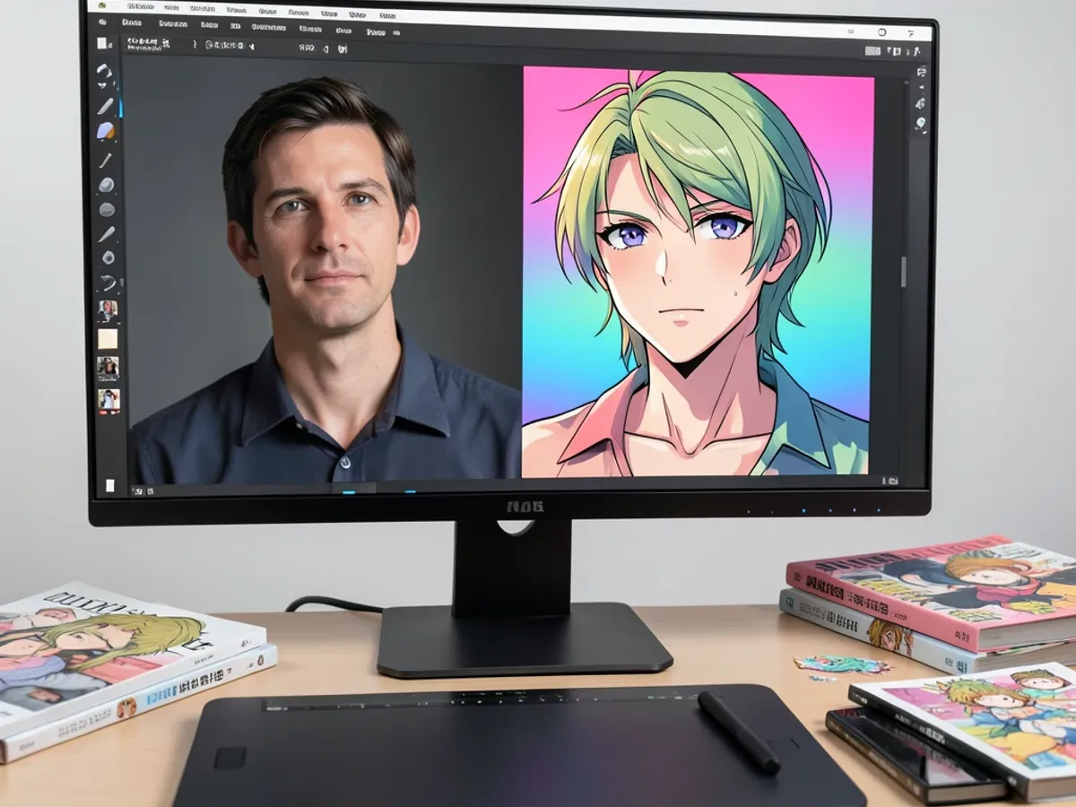 Side-by-side sammenligning, der viser et rigtigt portrætfoto konverteret til et anime-stil billede med cel-shading og levende farver