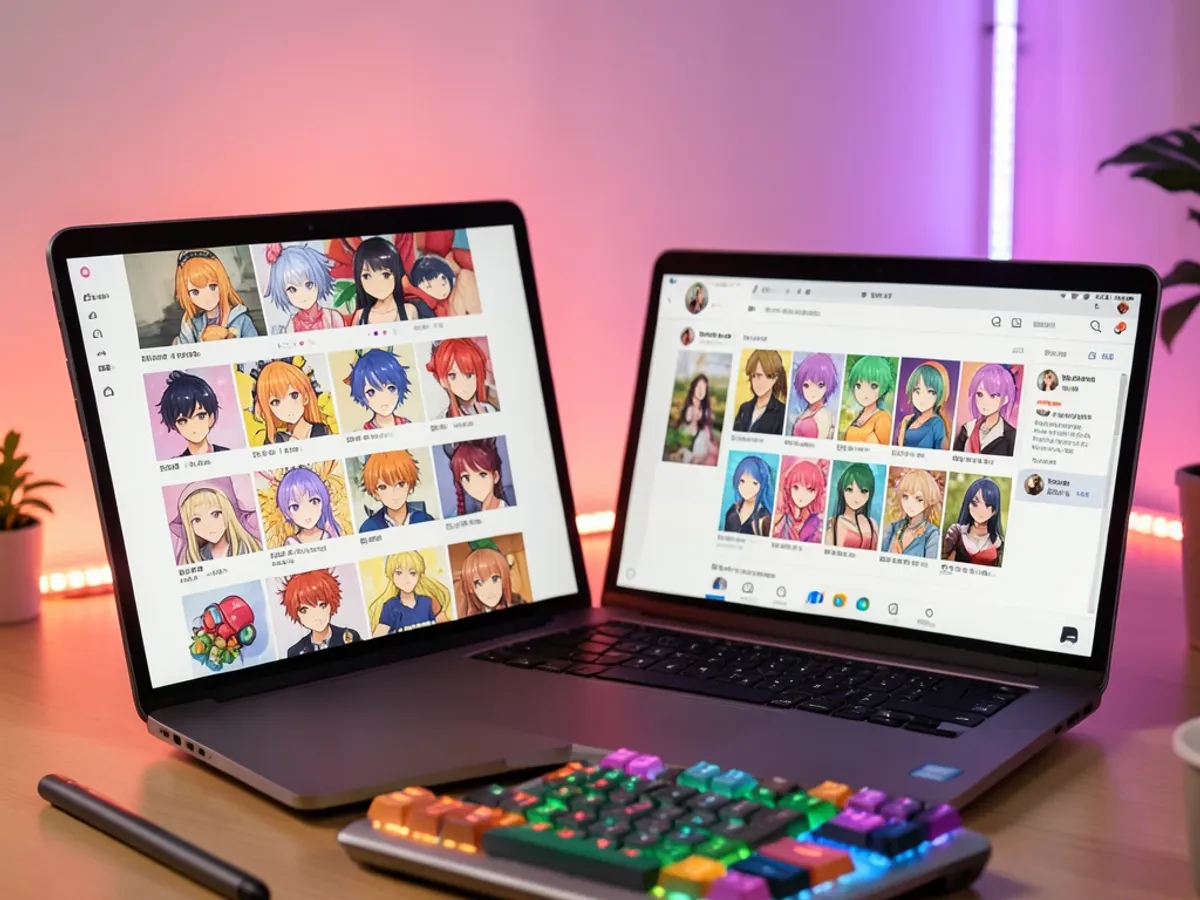 AI-genererede anime profilbilleder i fire forskellige stilvarianter vist på et socialt medie profilgrid