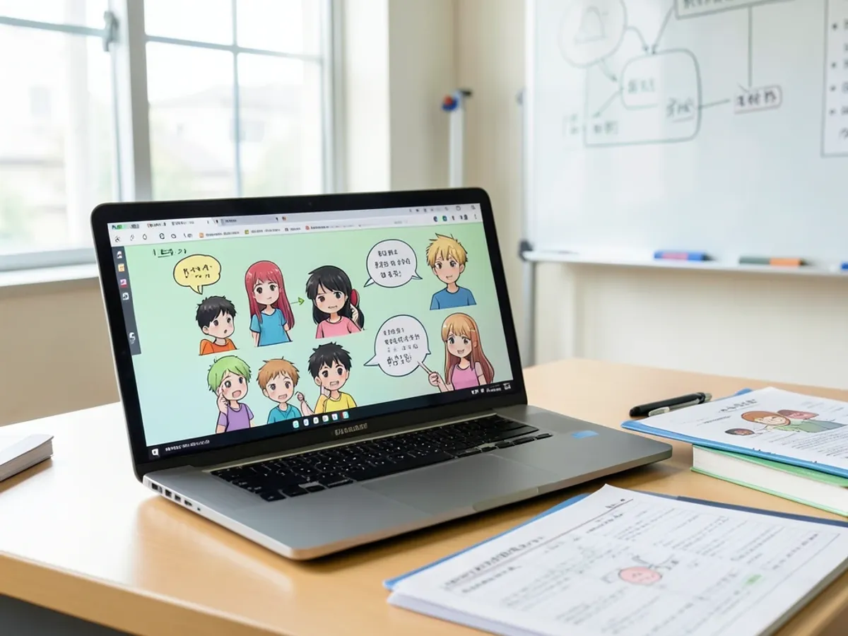 Uddannelsesmæssig animevideo, der viser en karakterfortæller, der forklarer et videnskabeligt koncept med farverige diagrammer i shoujo kunststil