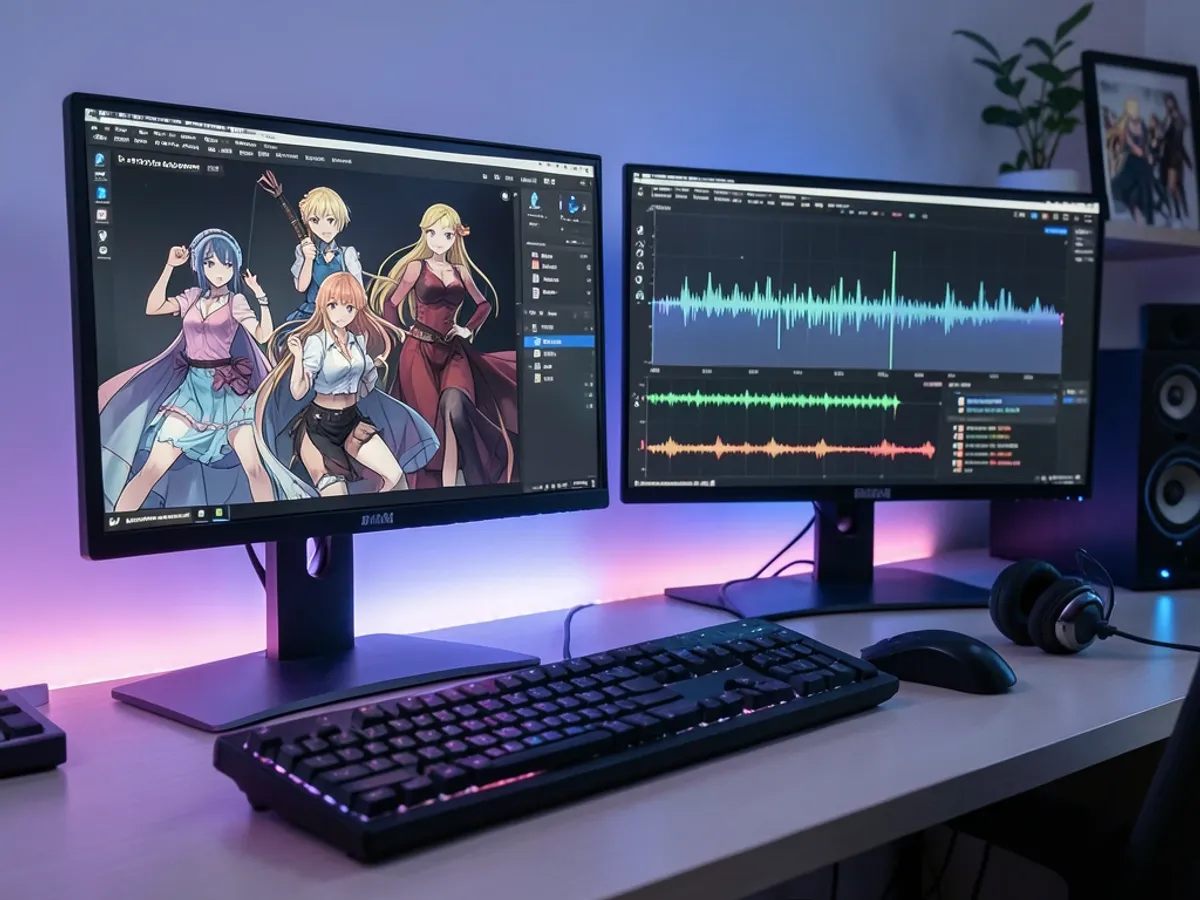 Anime musikvideobaggrund med dynamiske lyseffekter, farveskiftede sekvenser og karakteranimationer synkroniseret til en koncertstemning