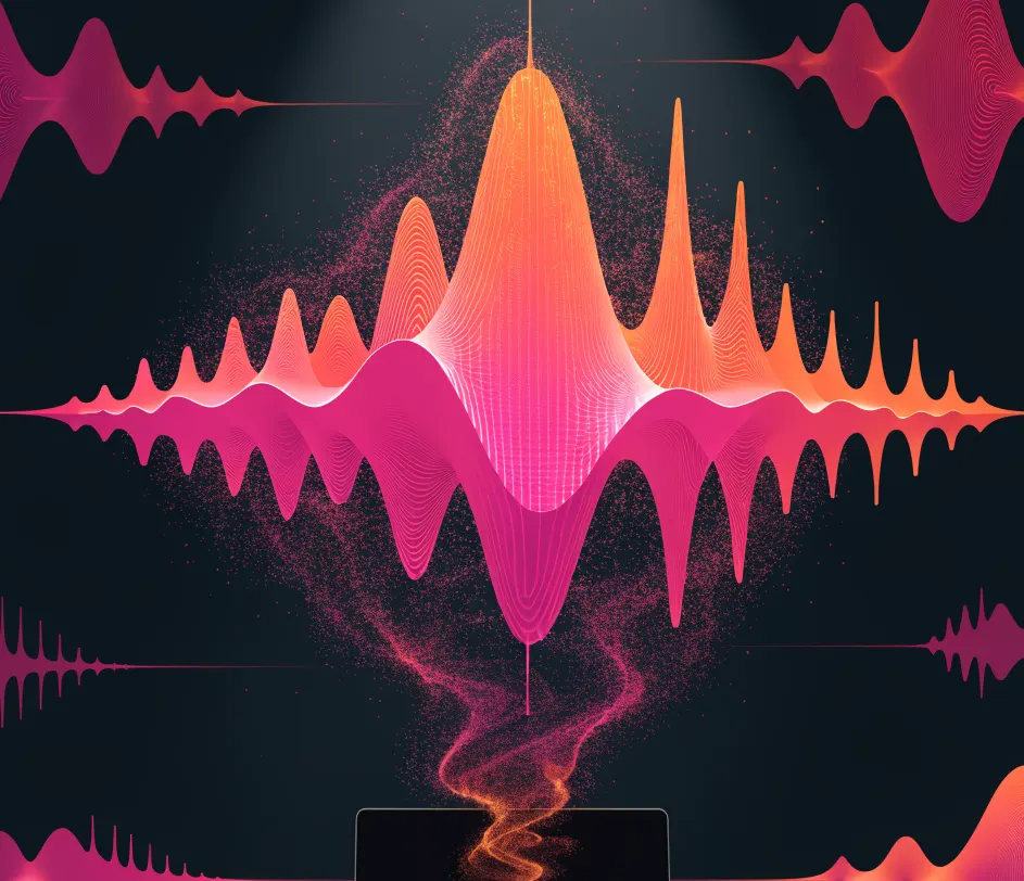 A hero composition of a glowing condenser microphone emerging from a radiant particle glow, surrounded by floating holographic character voice archetypes and waveforms, illuminated by a bright spotlight with deep blue and violet ambient lighting