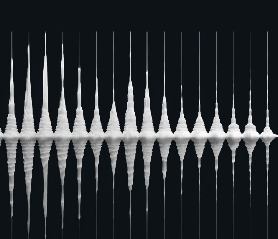 A grid of six abstract character archetype portraits — hero, villain, narrator, cartoon, child, and elder — each rendered as a glowing holographic bust emitting its own unique colored sound wave