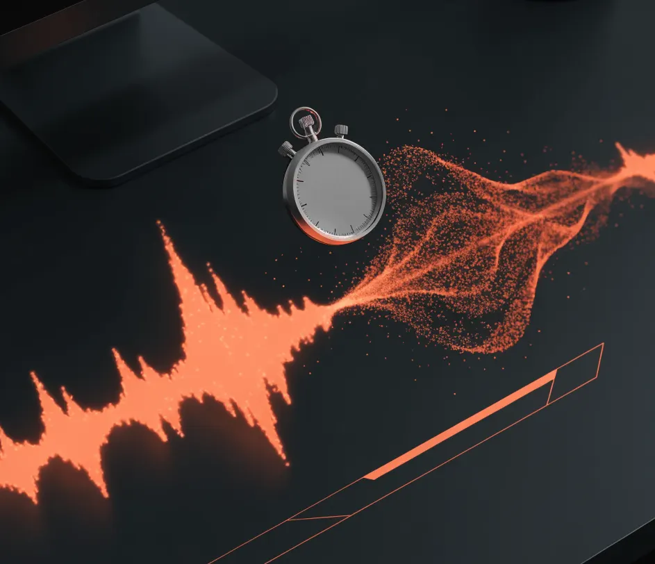 A fully rendered audio waveform that has just finished synthesizing in seconds, glowing cyan waveform peaks against deep blue and violet background, particles of light rising from the completed waveform conveying ultra fast generation speed