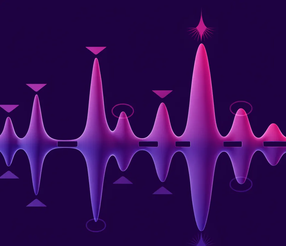 A constellation of 53 distinct character voice archetypes floating as glowing holographic silhouettes across a deep blue and violet studio atmosphere, each radiating its own unique colored sound wave