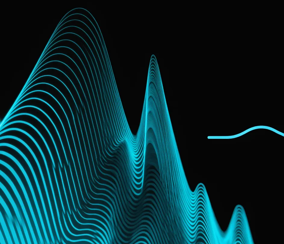 An extreme close-up of a high-resolution audio waveform showing crisp clean peaks at broadcast-ready MP3 quality beside a studio-grade microphone