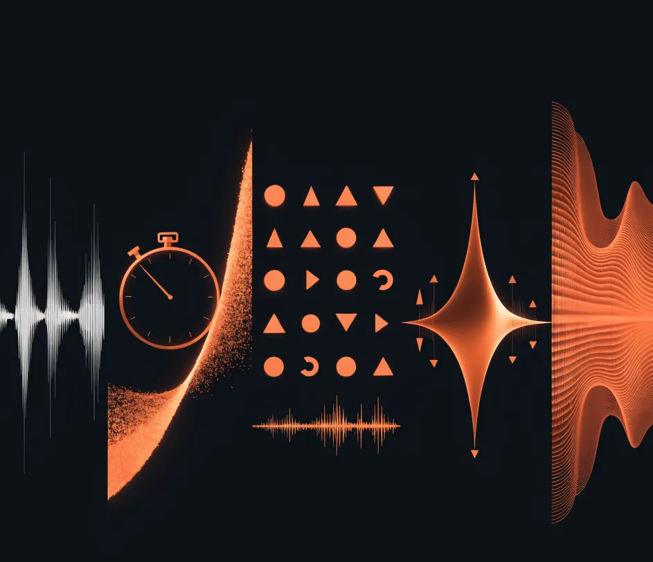A premium showcase tableau of AI character voice capabilities — a central microphone surrounded by floating holographic panels showing waveform visualizations, emotion spectrums, language globes, and a stopwatch, unified by deep blue and violet ambient glow