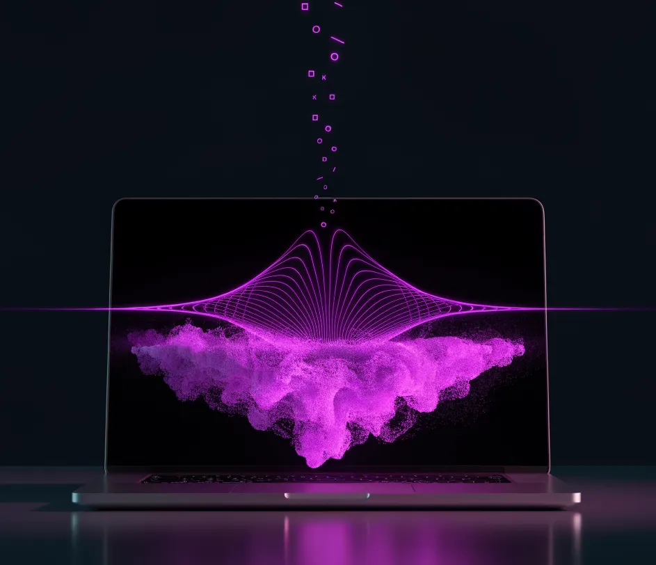 An AI character voice materializing from a script prompt, a condenser microphone emitting glowing cyan and violet sound waves that rise and form an abstract character silhouette in real time